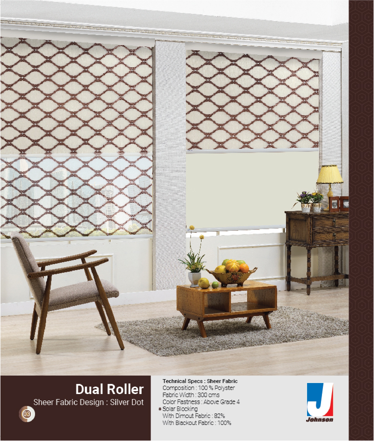 Johnson Dual Roller Blind Collection || Sheer Fabric || Silver Dot