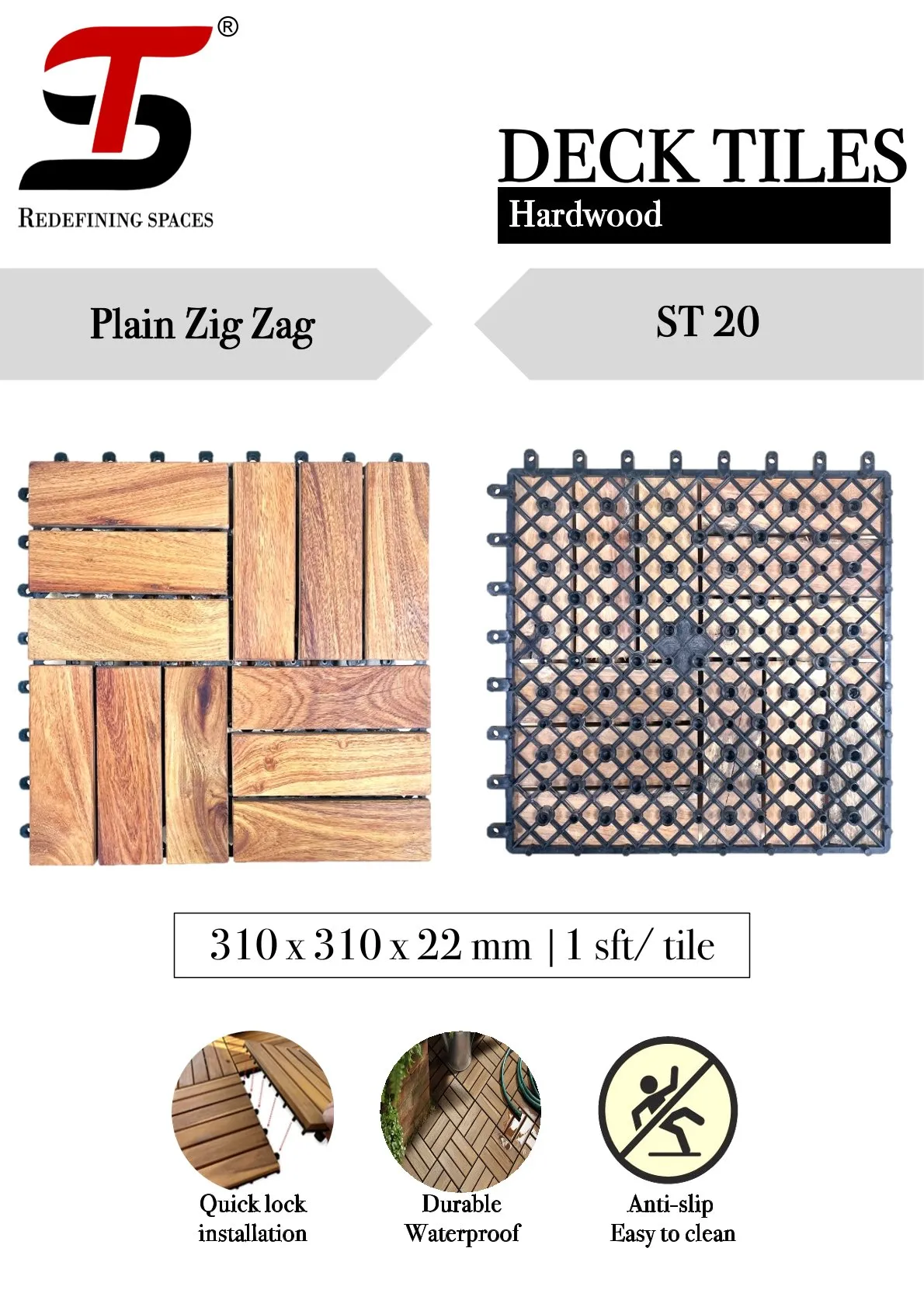 ST Homecraft Hardwood Deck Tiles ST-20 –  Plain Zig Zag