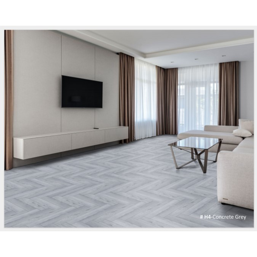 #H4 Concrete Grey Herringbone Wooden Flooring - Modern Elegance for Your Space