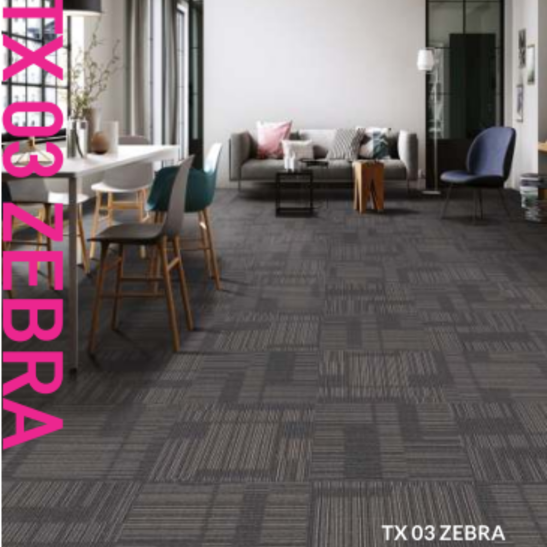 TX 03 ZEBRA Carpet Tile - Durable 100% PP Construction | 50cm x 50cm